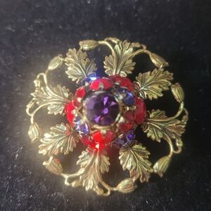 Elegant Gold Toned and Red And Purple Floral Brooch